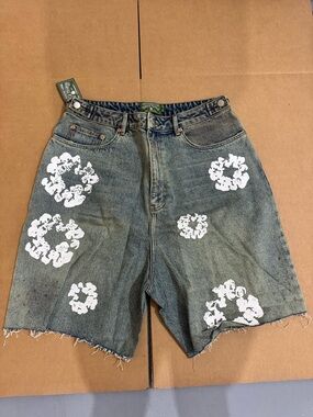Men's Washed Green Denim Jean Shorts with White Floral Prints